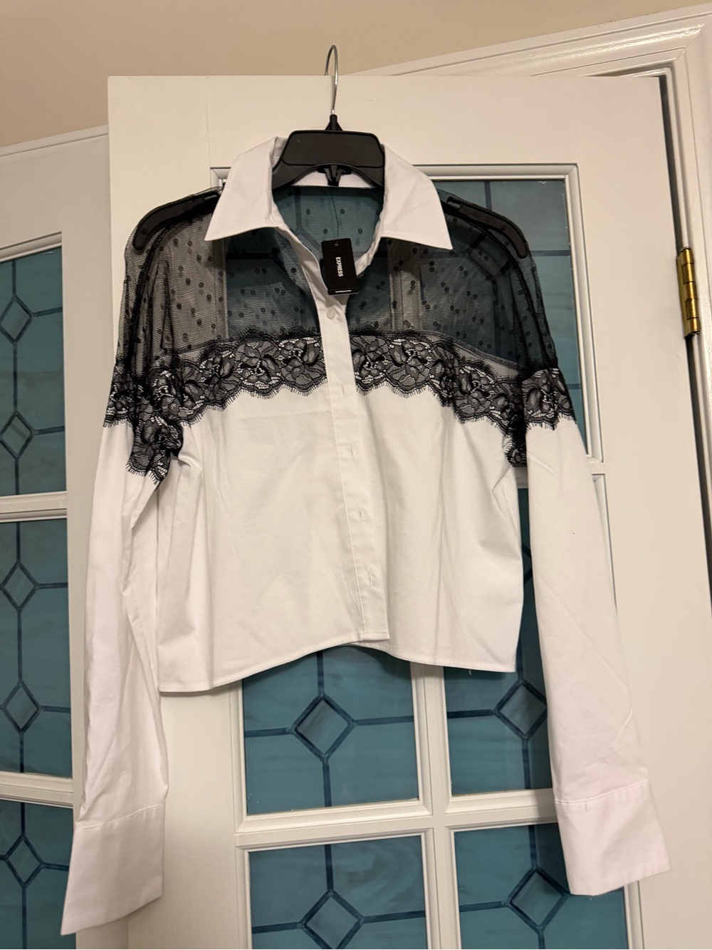 Express White Button-Down Shirt with Black Lace Yoke